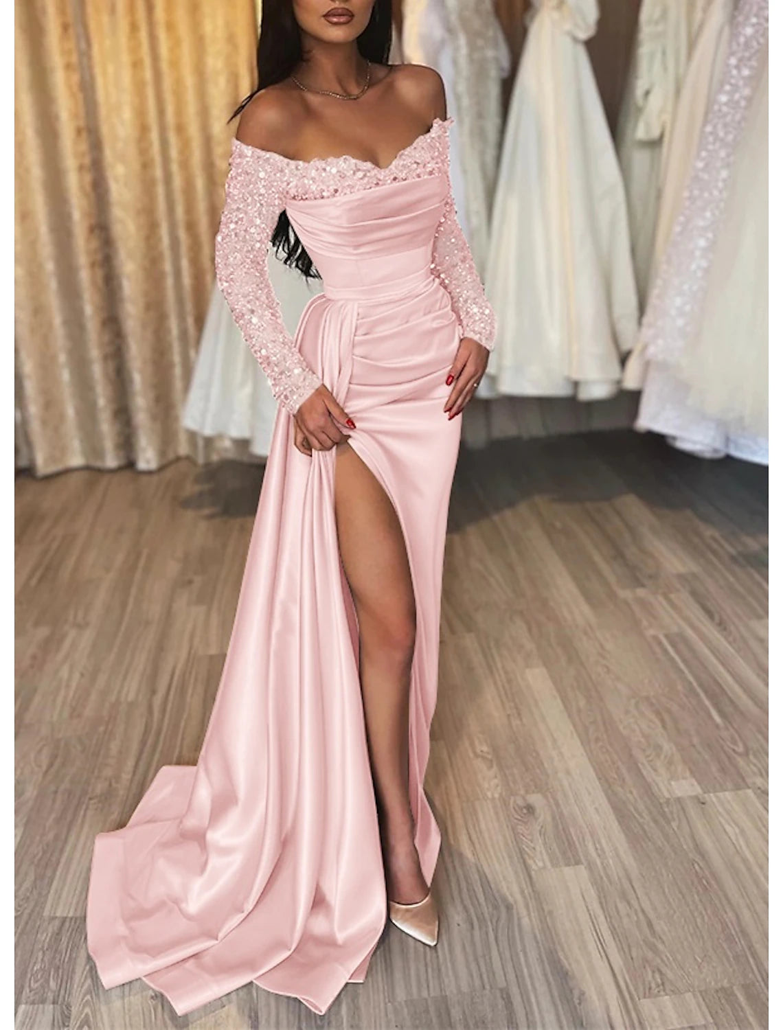 Mermaid Black Dress Evening Dress Wedding Guest Sparkle & Shine Dress Formal Wedding Party Court Train Long Sleeve Off Shoulder Fall Wedding Reception Satin with Ruched Sequin
