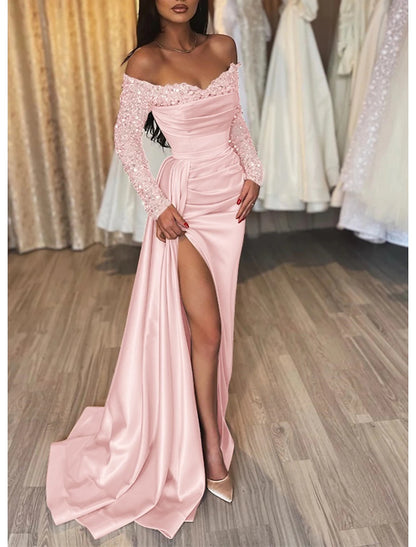 Mermaid Black Dress Evening Dress Wedding Guest Sparkle & Shine Dress Formal Wedding Party Court Train Long Sleeve Off Shoulder Fall Wedding Reception Satin with Ruched Sequin
