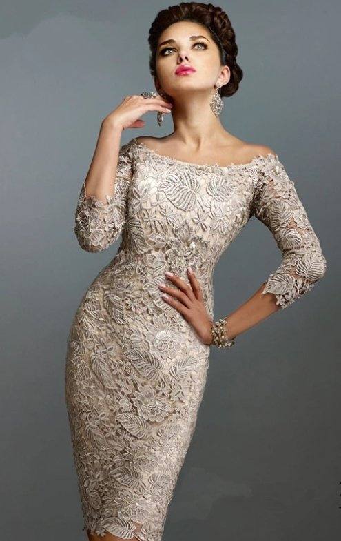 Plus Size Lace Sheath Mother of the Bride Dress with 3/4 Sleeves