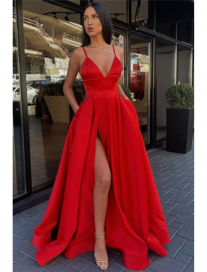 A-Line Black Dress Prom Dress High Split Evening Dress Formal Birthday Summer Dress Spaghetti Strap Sleeveless Sweep / Brush Train Satin with Pleats Split Front dress