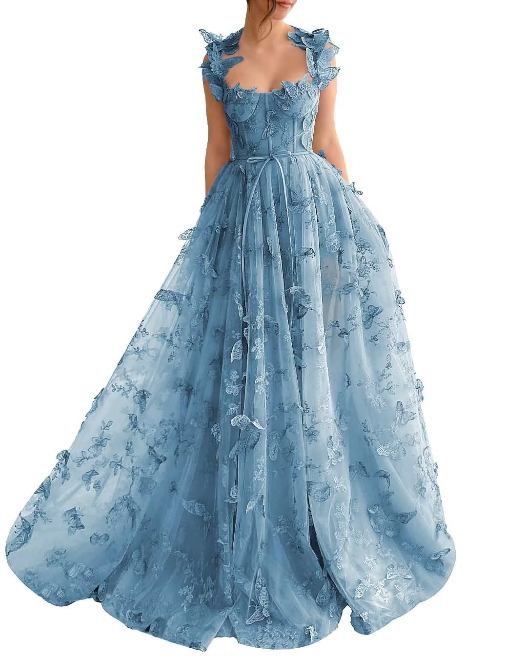 Long Tulle Prom Dress with 3D Butterflies Sexy Slit Ball Gown Evening Dresses Party Wedding Formal