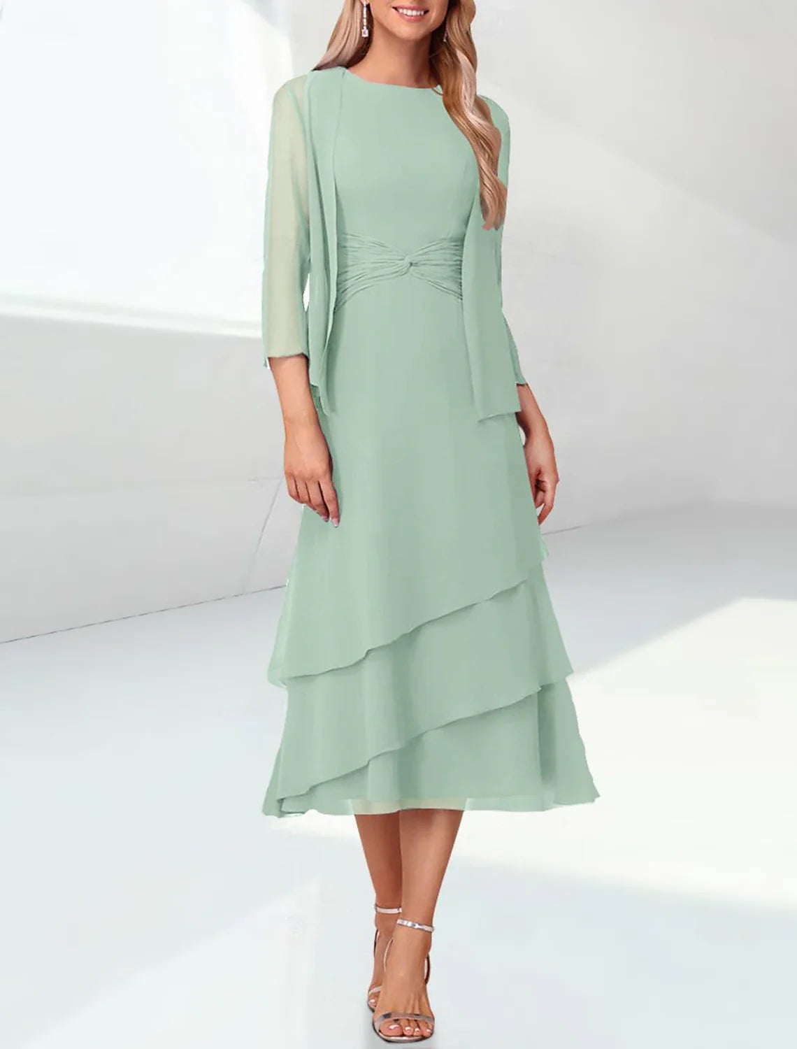 Sage Green Chiffon Mother of the Bride Dress with 3/4 Sleeves