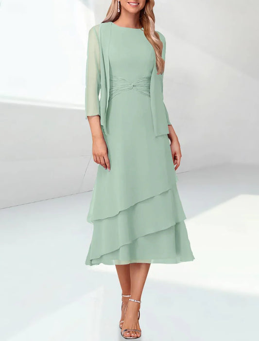 Sage Green Chiffon Mother of the Bride Dress with 3/4 Sleeves