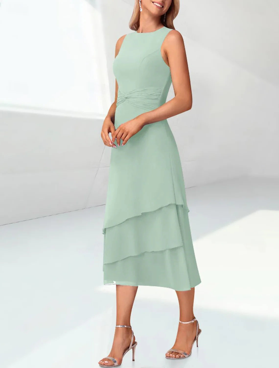 Sage Green Chiffon Mother of the Bride Dress with 3/4 Sleeves