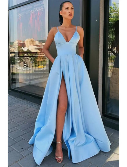 A-Line Black Dress Prom Dress High Split Evening Dress Formal Birthday Summer Dress Spaghetti Strap Sleeveless Sweep / Brush Train Satin with Pleats Split Front dress