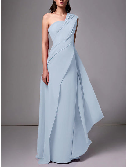 Sheath Evening Gown Formal Wedding Guest Dress Elegant  Formal Floor Length Sleeveless One Shoulder Stretch Chiffon with Pleats Ruched dress