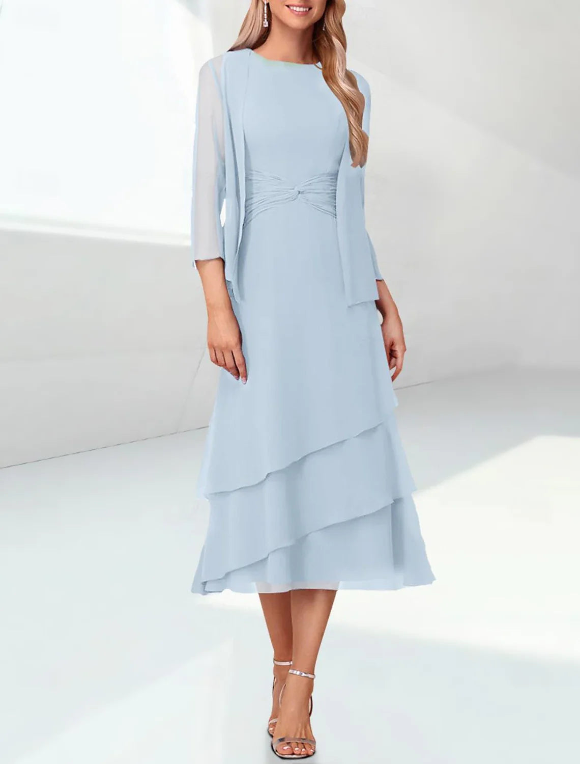 Sage Green Chiffon Mother of the Bride Dress with 3/4 Sleeves