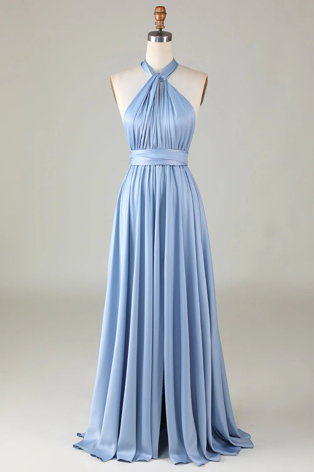 Convertible Blue Satin Bridesmaid Dress With Slit