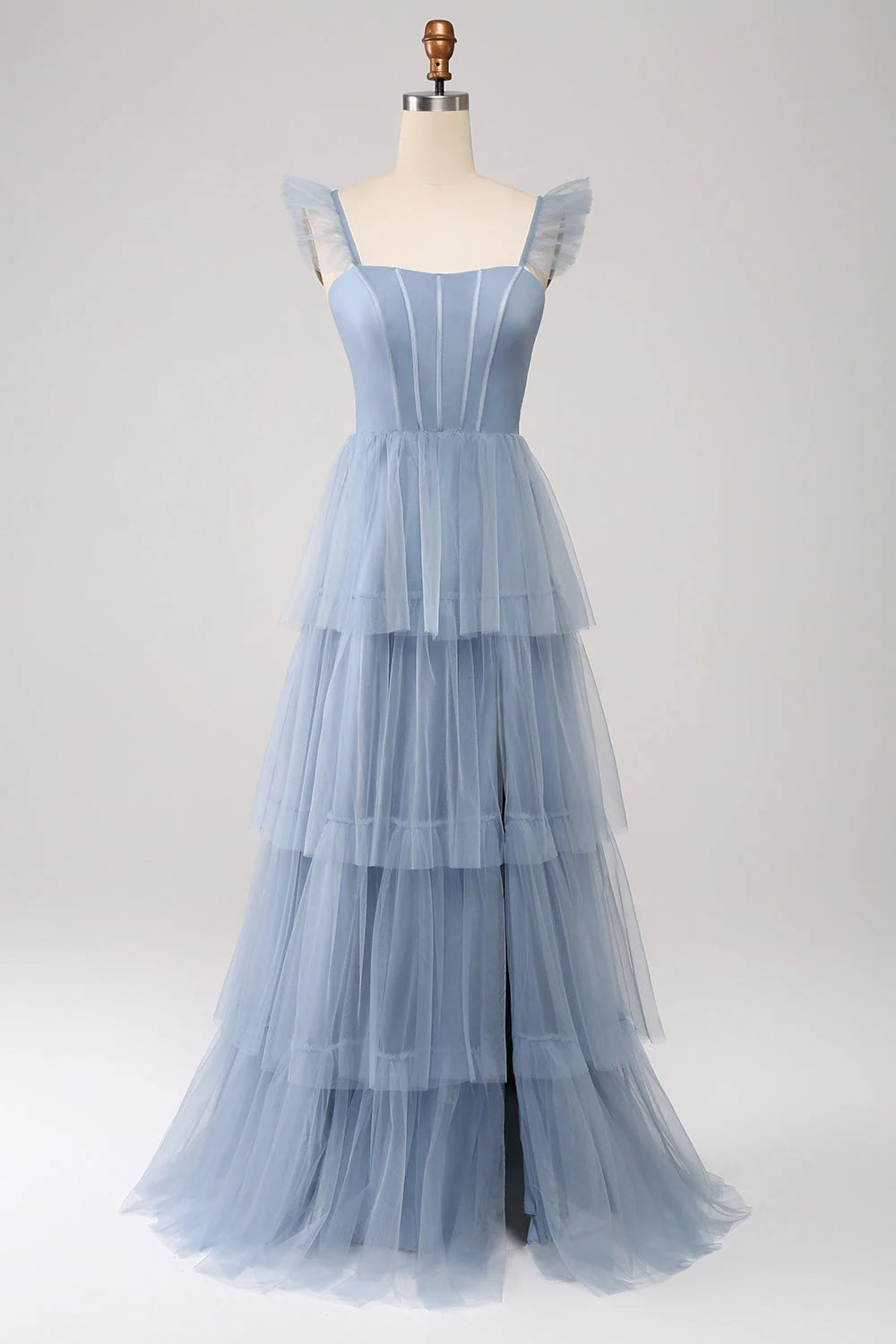 Dusty Blue A Line Tiered Tulle Corset Bridesmaid Dress With Slit