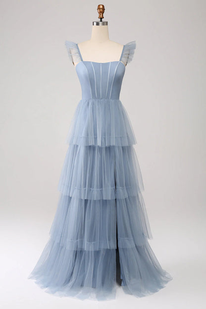 Dusty Blue A Line Tiered Tulle Corset Bridesmaid Dress With Slit