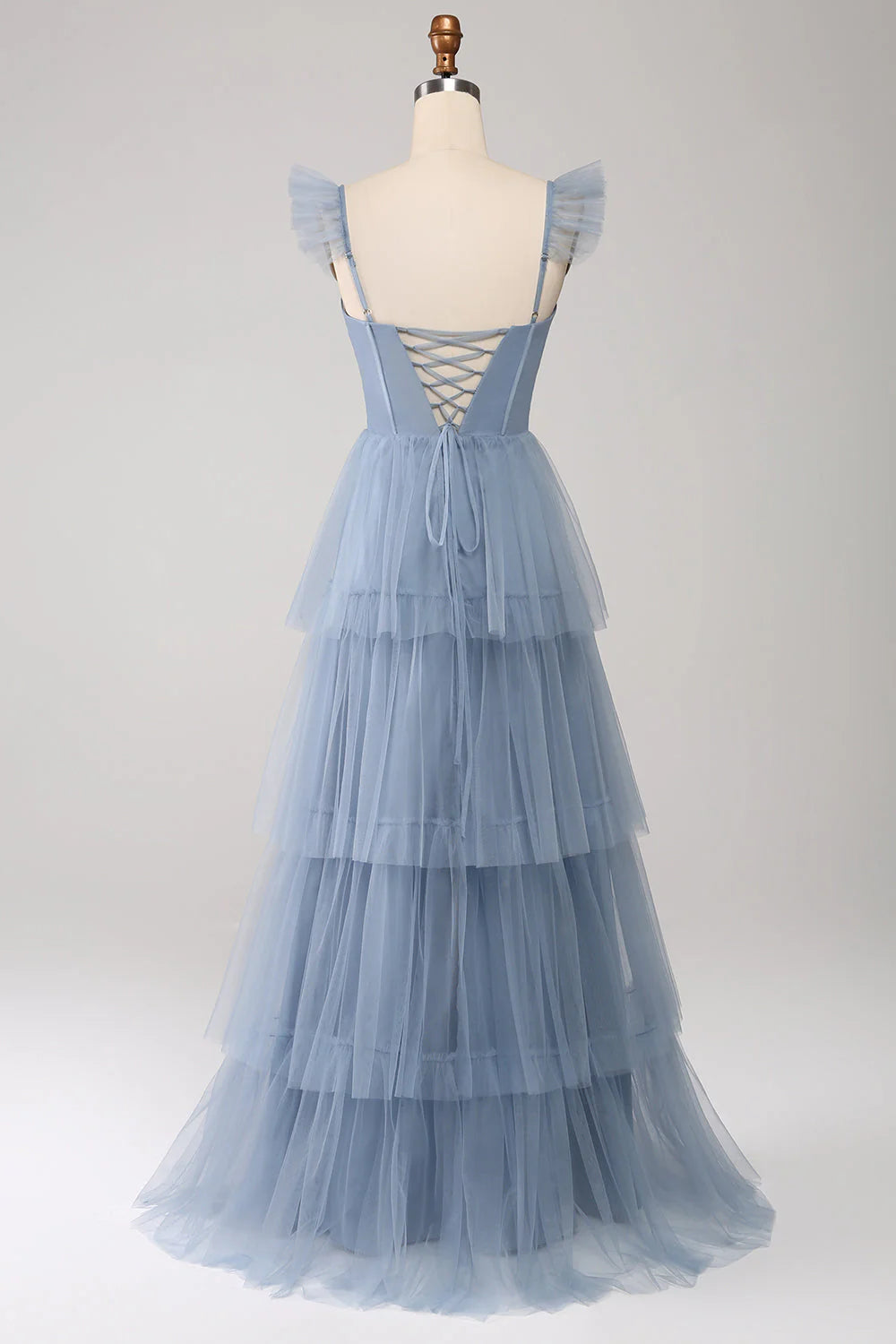 Dusty Blue A Line Tiered Tulle Corset Bridesmaid Dress With Slit