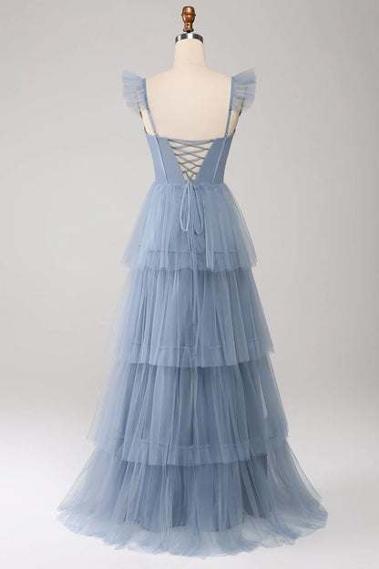 Dusty Blue A Line Tiered Tulle Corset Bridesmaid Dress With Slit