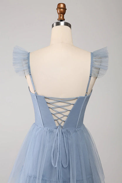 Dusty Blue A Line Tiered Tulle Corset Bridesmaid Dress With Slit