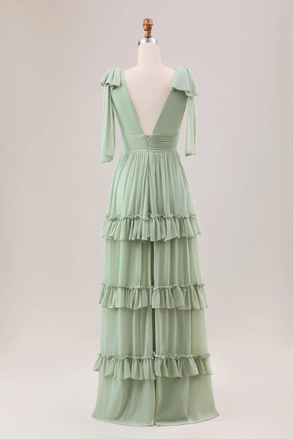 Dusty Sage A Line Chiffon Bridesmaid Dress With Ruffles