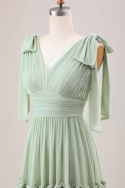 Dusty Sage A Line Chiffon Bridesmaid Dress With Ruffles