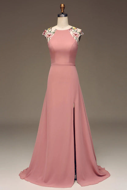 Dusty Rose A-Line Chiffon And Embroidery Maxi Bridesmaid Dress