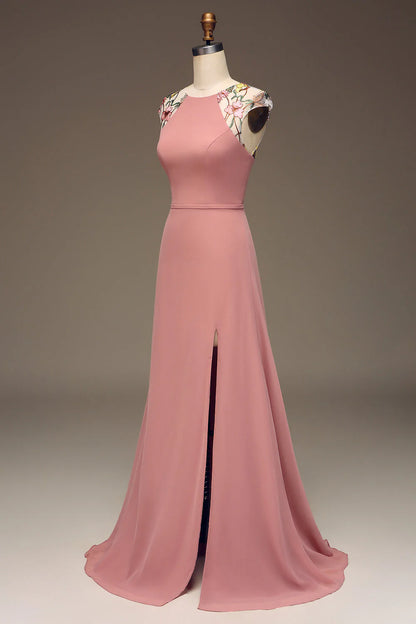 Dusty Rose A-Line Chiffon And Embroidery Maxi Bridesmaid Dress