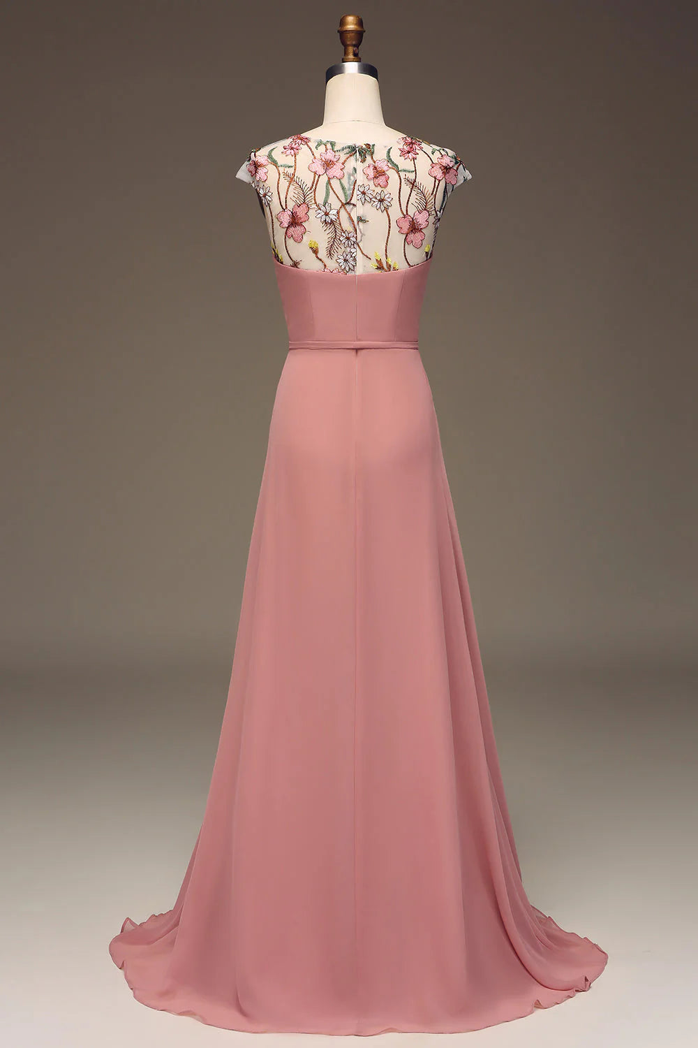 Dusty Rose A-Line Chiffon And Embroidery Maxi Bridesmaid Dress