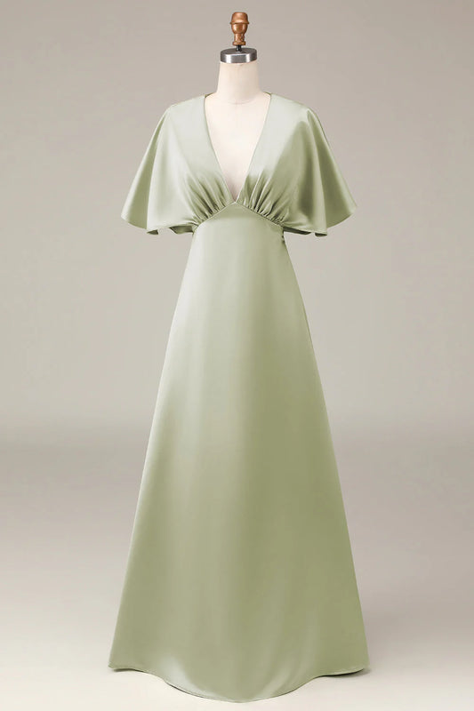 Dusty Sage V-Neck Short Sleeves A-Line Satin Bridesmaid Dress