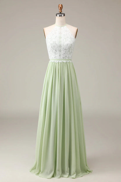 Dusty Sage Halter Neck Lace And Chiffon A-Line Floor Length Bridesmaid Dress