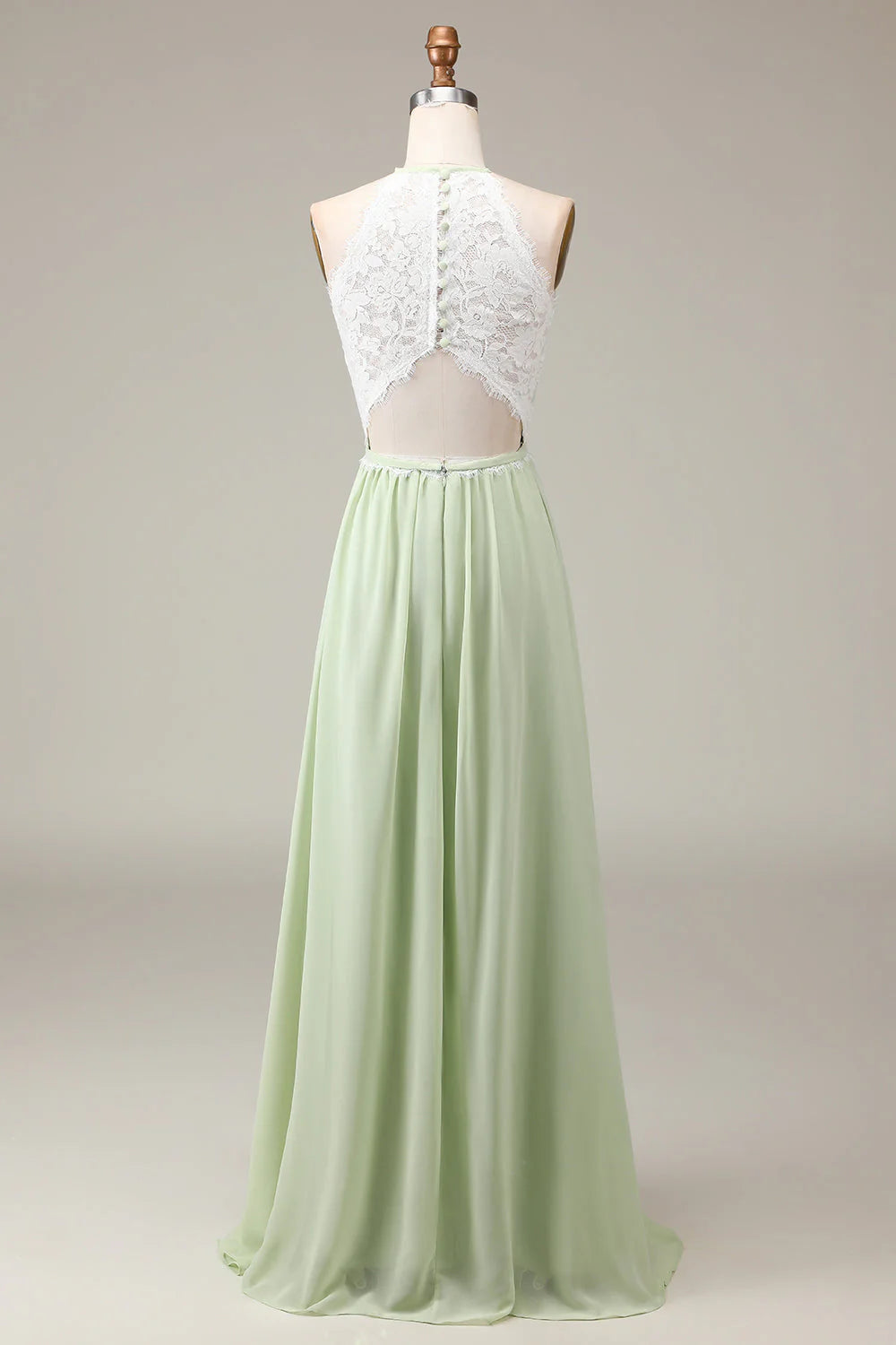 Dusty Sage Halter Neck Lace And Chiffon A-Line Floor Length Bridesmaid Dress