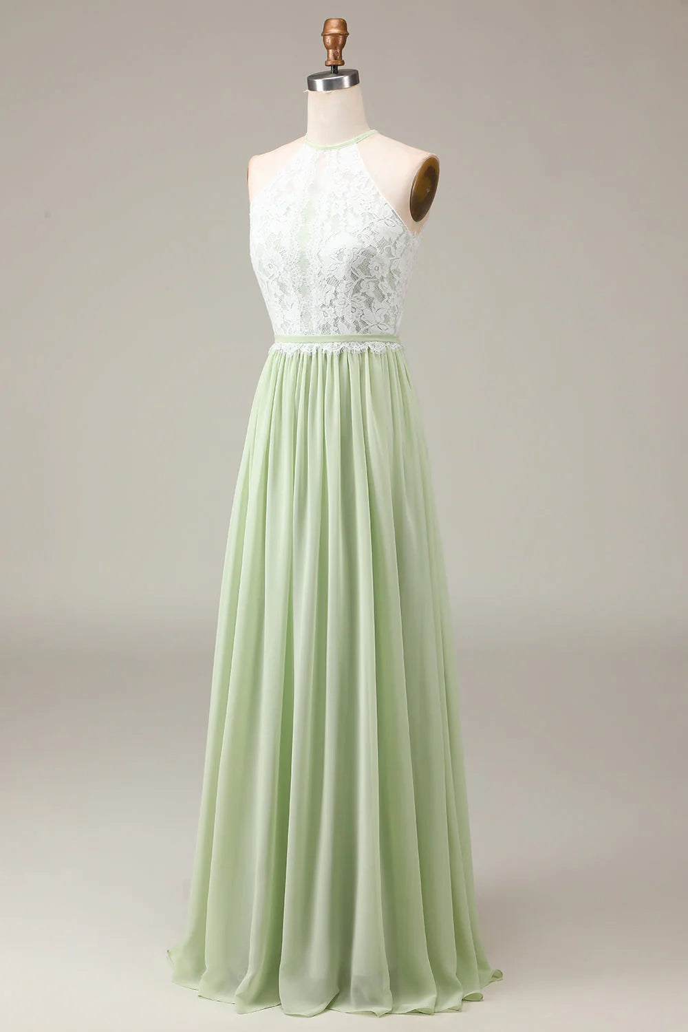 Dusty Sage Halter Neck Lace And Chiffon A-Line Floor Length Bridesmaid Dress