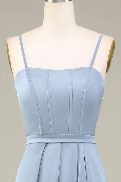 Dusty Blue A-Line Spaghetti Straps Satin Long Bridesmaid Dress