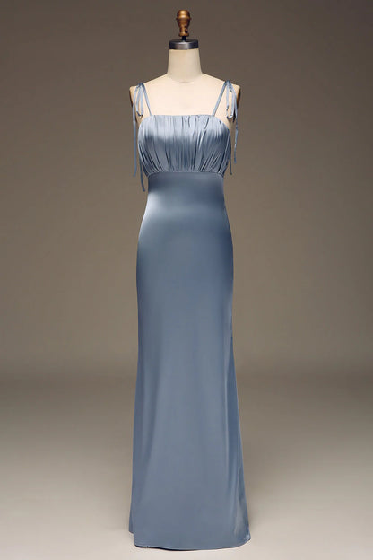 Dusty Blue Spaghetti Straps Sheath Satin Pleated Bridesmaid Dress