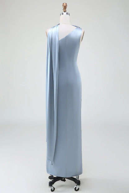 Blue Sheath One Shoulder Satin Long Bridesmaid Dress