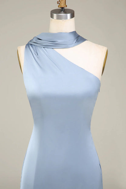 Blue Sheath One Shoulder Satin Long Bridesmaid Dress