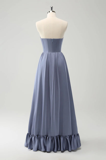 Grey Blue A Line Backless Corset Chiffon Bridesmaid Dress