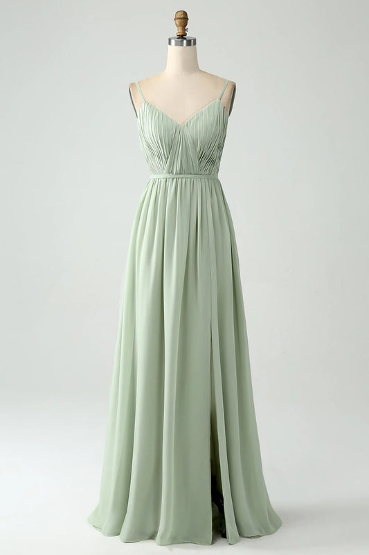 A-Line Dusty Sage Chiffon Spaghetti Straps Long Bridesmaid Dress With Slit