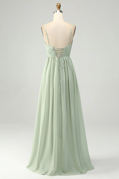 A-Line Dusty Sage Chiffon Spaghetti Straps Long Bridesmaid Dress With Slit