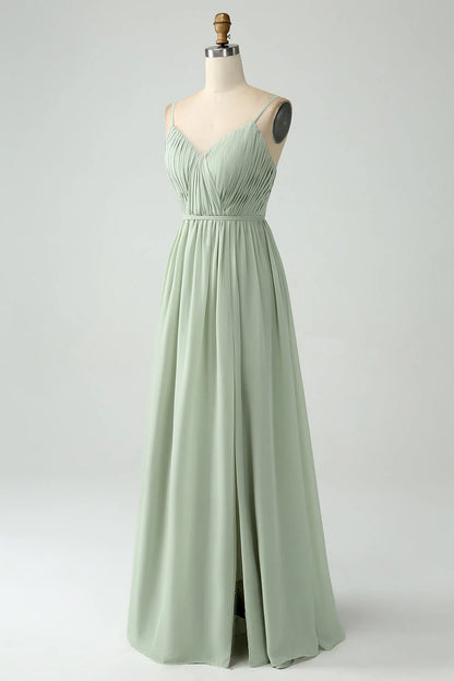 A-Line Dusty Sage Chiffon Spaghetti Straps Long Bridesmaid Dress With Slit