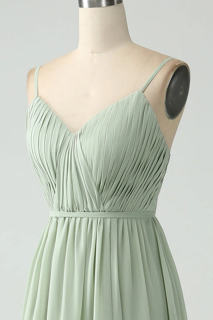 A-Line Dusty Sage Chiffon Spaghetti Straps Long Bridesmaid Dress With Slit