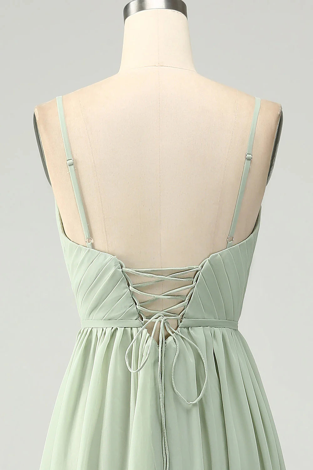 A-Line Dusty Sage Chiffon Spaghetti Straps Long Bridesmaid Dress With Slit