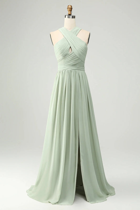 A Line Halter Chiffon Sage Green Pleated Long Bridesmaid Dress With Slit