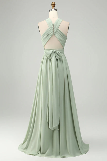 A Line Halter Chiffon Sage Green Pleated Long Bridesmaid Dress With Slit