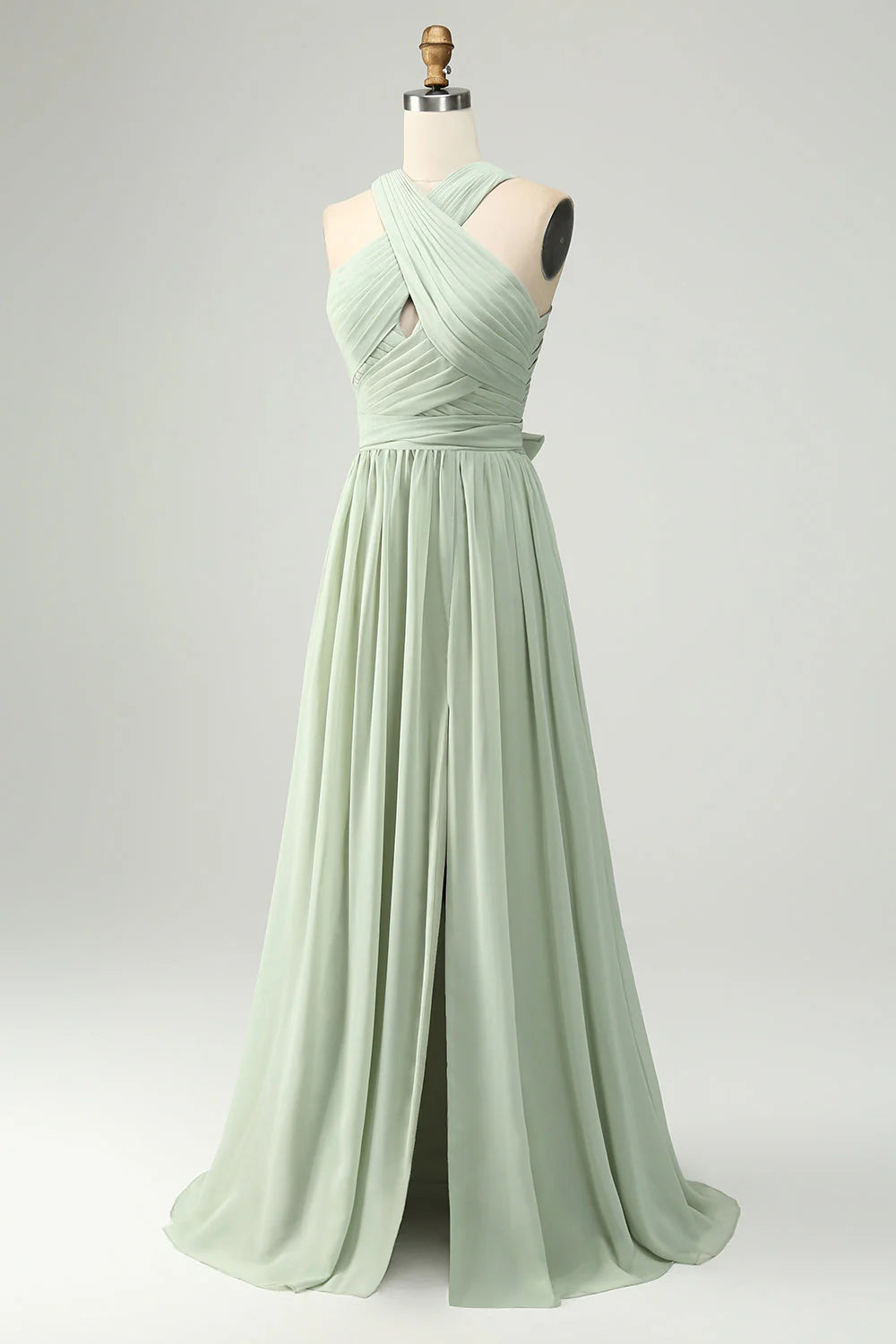 A Line Halter Chiffon Sage Green Pleated Long Bridesmaid Dress With Slit