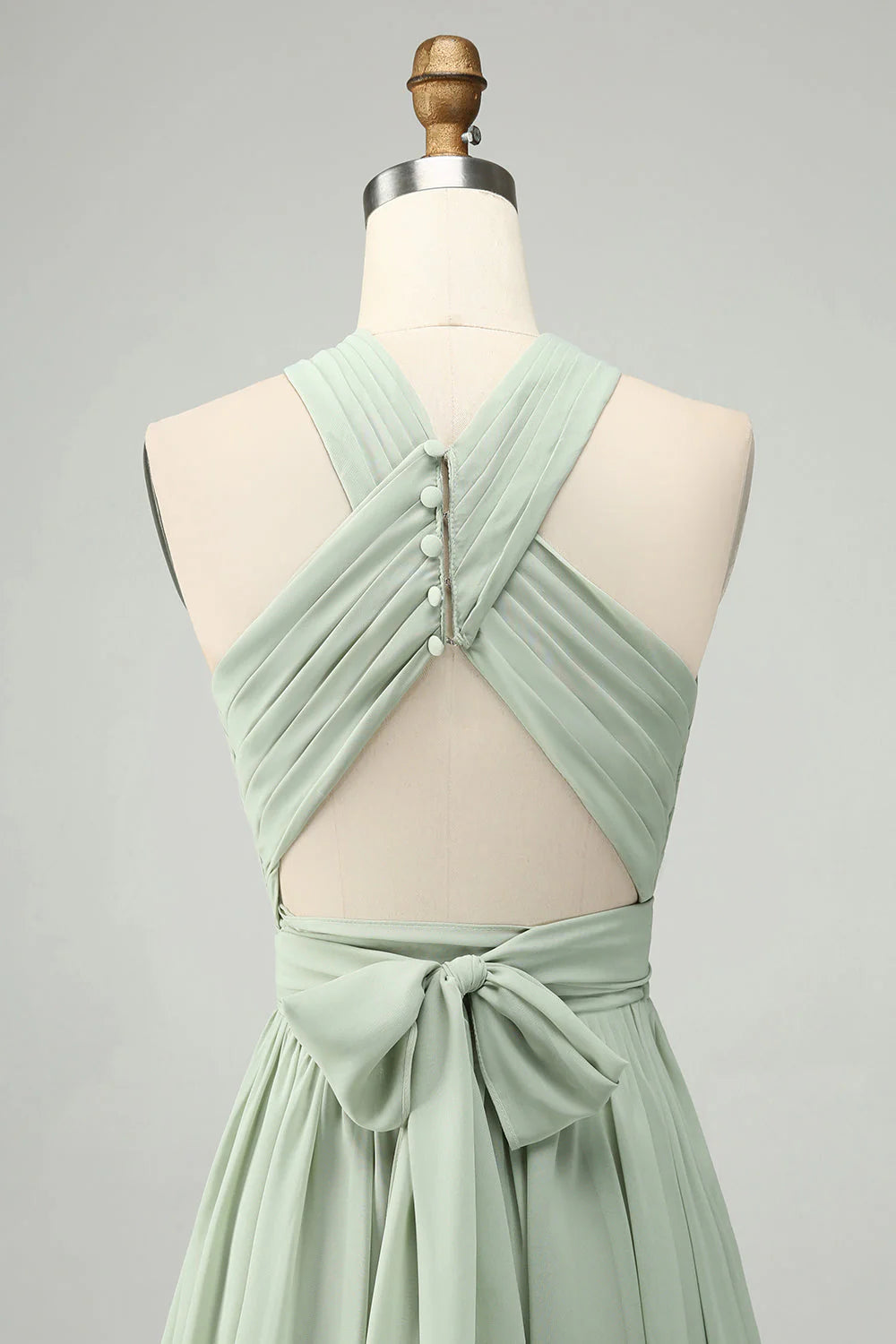 A Line Halter Chiffon Sage Green Pleated Long Bridesmaid Dress With Slit