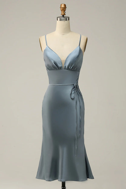 Sheath Spaghetti Straps Grey Blue Satin Bridesmaid Dress