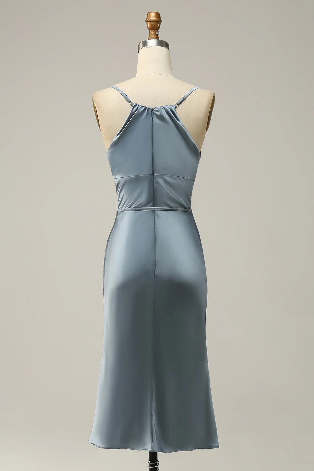 Sheath Spaghetti Straps Grey Blue Satin Bridesmaid Dress