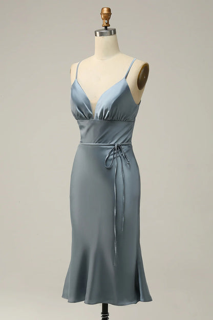 Sheath Spaghetti Straps Grey Blue Satin Bridesmaid Dress