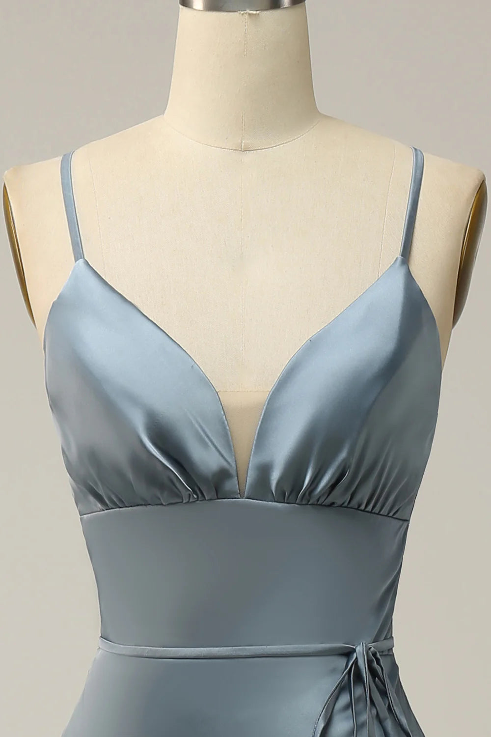 Sheath Spaghetti Straps Grey Blue Satin Bridesmaid Dress