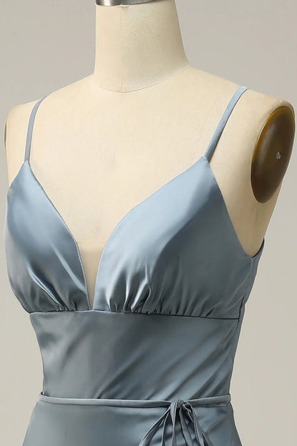 Sheath Spaghetti Straps Grey Blue Satin Bridesmaid Dress