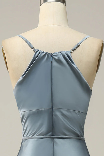 Sheath Spaghetti Straps Grey Blue Satin Bridesmaid Dress