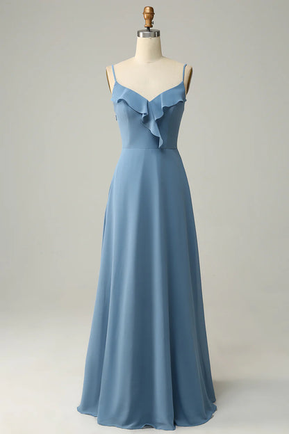 A Line Spaghetti Straps Grey Blue Long Bridesmaid Dress With Ruffles