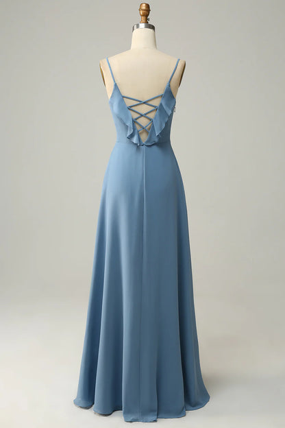 A Line Spaghetti Straps Grey Blue Long Bridesmaid Dress With Ruffles