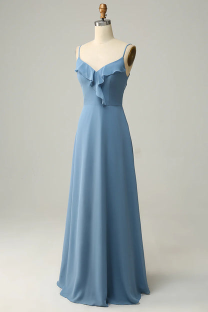 A Line Spaghetti Straps Grey Blue Long Bridesmaid Dress With Ruffles