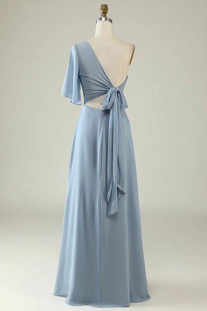 Grey Blue One Shoulder Chiffon Boho Bridesmaid Dress